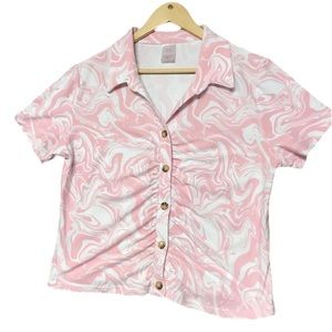 Womens Button Front Shirt Medium Pink Swirl Juniors Collar